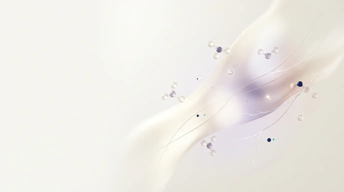 Abstrakter Hintergrund mit fließenden Formen und Molekülstrukturen in Pastelltönen.