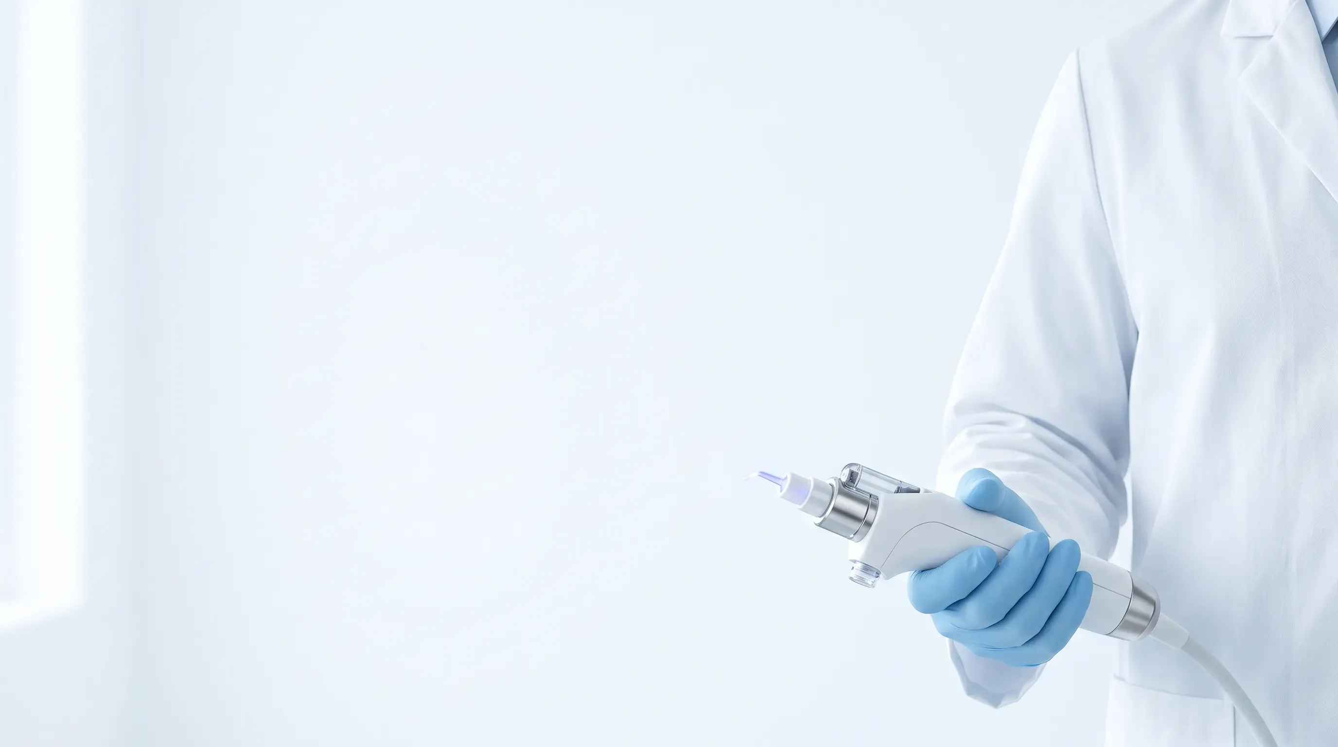 Arzt in Handschuhen hält ein Kaltplasma-Behandlungsgerät.